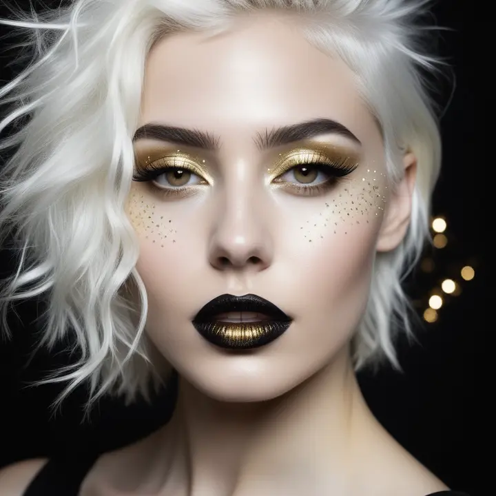 Nova Seren in a high-fashion portrait with short silver-white hair and gold makeup